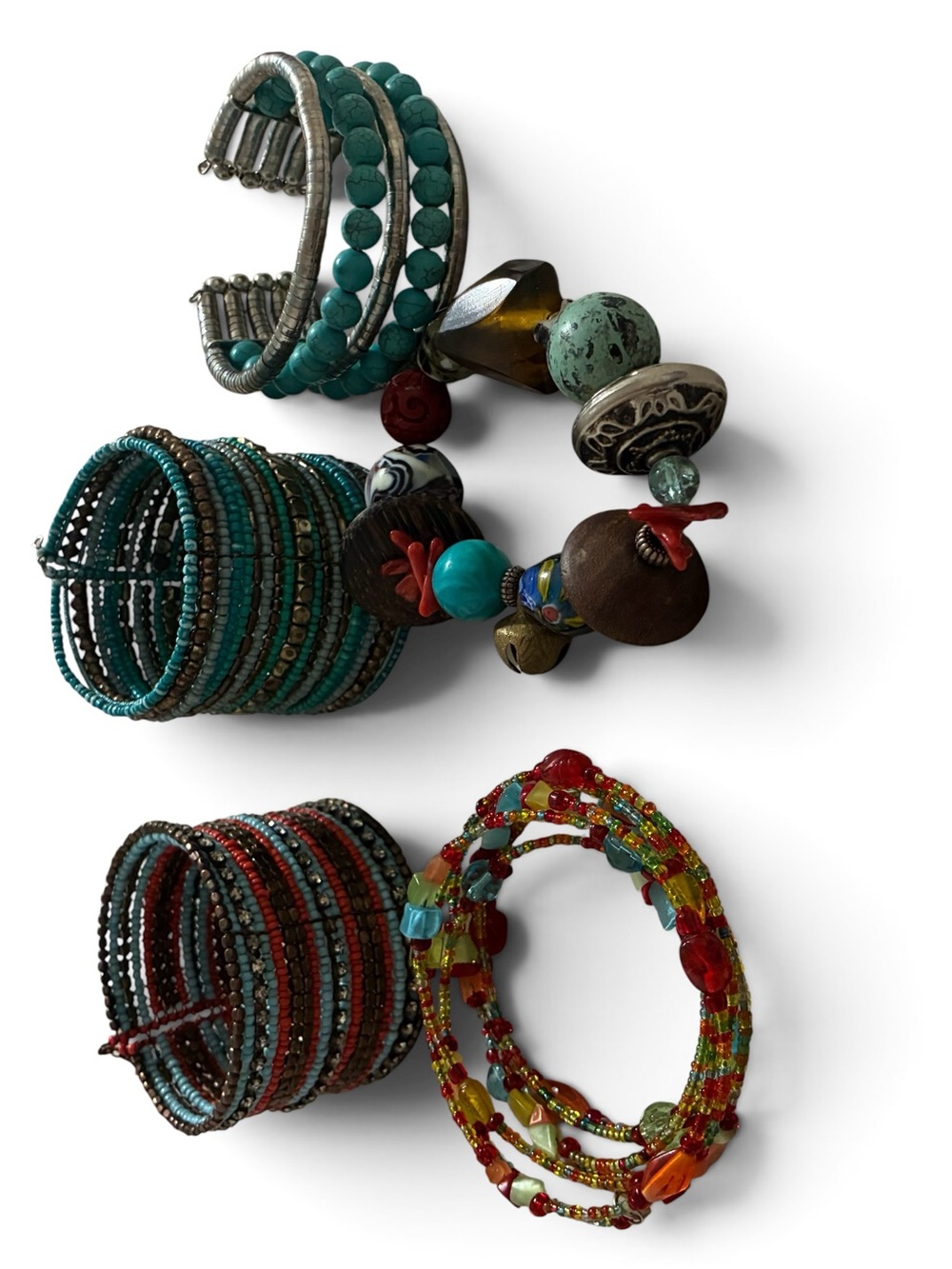 Boho Beaded Bracelet Lot Of 5 Wide Cuff Multi-Strand Stack Turquoise & Coral